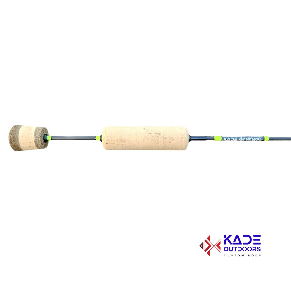 Longer carbon fiber ice fishing rod for panfish, designed for light tackle and standing over the hole without bending